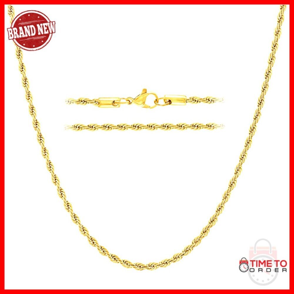 18k Gold Plated Rope Chain Necklace with Lobster Clasp, 18 Inches